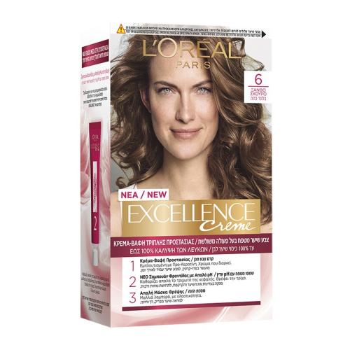 L'oreal Paris Excellence Creme Permanent Hair Color Kit Μόνιμη Κρέμα Βαφή Μαλλιών με Τριπλή Προστασία & Κάλυψη των Λευκών 1 Τεμάχιο - 6.0 Ξανθό Σκούρο